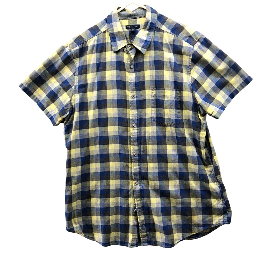 Gap Lightweight Button Up Shirt Mens L Short Sleeve Blue Yellow Plaid Cotton
